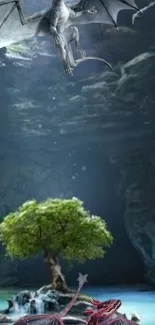 Epic scene with dragons and tree in a mystical cavern