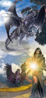 Epic fantasy scene with dragon, wizard, and Pegasus.