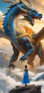 Epic scene with a blue dragon confronting a heroine on a mountain peak.