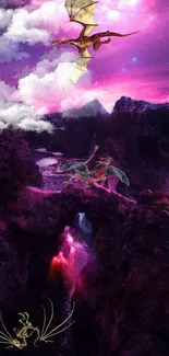 Flying dragons over a fantasy landscape with a pink canyon and purple sky.