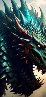 Epic fantasy dragon with turquoise scales against a mystical background.