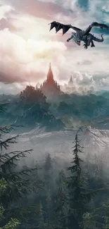 Majestic dragon flying over a fantasy landscape with a distant castle.