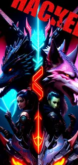 Epic mobile wallpaper featuring a dragon and wolf duo in neon colors.