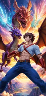 Heroic figure with dragons in vibrant fantasy artwork.