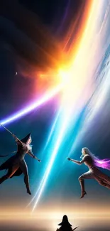 Epic fantasy duel between warriors in a cosmic space scene with vibrant colors.