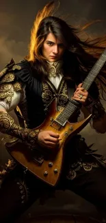 Fantasy guitarist in armor playing electric guitar with smoky background.