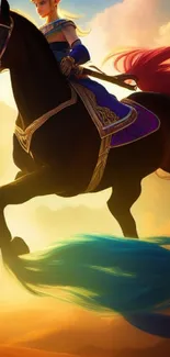 Fantasy art of a rider on a horse with vibrant colors and sunset background.