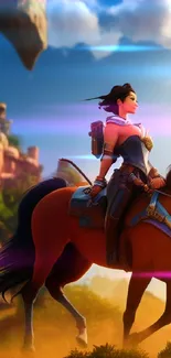 Fantasy warrior riding horse with castle in background amidst vibrant landscape.