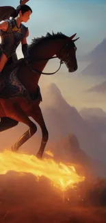 Epic fantasy scene with warrior on a fiery horse.