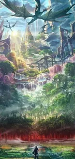 Epic fantasy jungle wallpaper with dragon and lush green scenery.