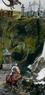 Knight on horseback facing dragon above waterfall.