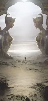 Epic fantasy wallpaper with towering statues in a mystical landscape.