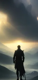 Warrior stands before fantasy landscape at sunrise.