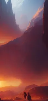 Epic fantasy landscape with fiery sunset and towering cliffs.