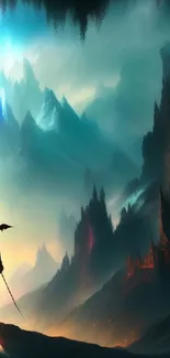 Epic fantasy landscape wallpaper with heroic figure and glowing mountains.