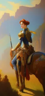 Fantasy warrior on horseback in scenic mountain landscape.