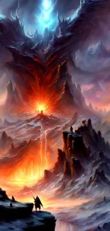 Epic fantasy landscape with fiery skies and mystical mountains in vibrant colors.