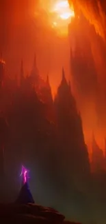 Majestic fantasy scene with lava castle and glowing skies.