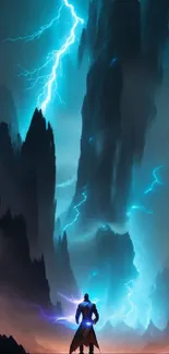 Epic fantasy scene with lightning and mystical landscapes.