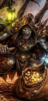 Epic fantasy creature guarding treasure with glowing elements.