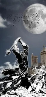 Epic fantasy battle scene under a full moon with a castle backdrop.