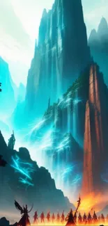 Epic fantasy mountain scene with vibrant azure glow.