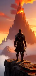 Epic fantasy mountain scene with a hero at sunset.