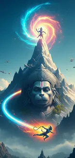 Epic fantasy scene with mountains and mystical figure.