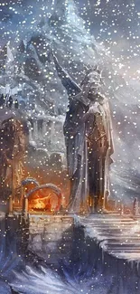 Epic fantasy scene with towering statues in a snowy mountain landscape.