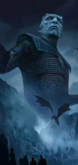 Epic fantasy wallpaper with Night King and dragons.