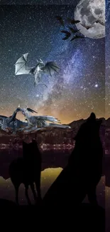 Fantasy night scene with dragons, wolves, and a full moon over a starry sky.