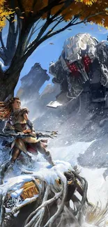 Fantasy warrior faces giant robot in snowy forest.