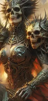 Epic fantasy warrior with skull armor in bronze hues.