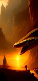 Epic fantasy landscape with snake at sunset.