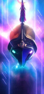 Mystical helmet with glowing eyes in a colorful cosmic background.