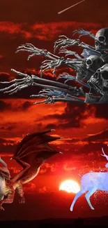 Fantasy wallpaper with a dragon, skeletons, and a glowing deer against a red sunset.