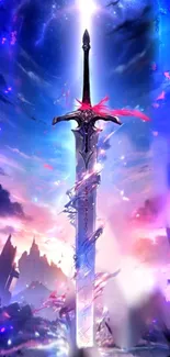 Epic sword glowing in a vibrant fantasy sky.