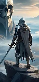 Hooded knight with sword and giant skull in a fantasy landscape.