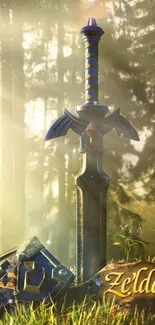 Epic fantasy sword stands in forest.