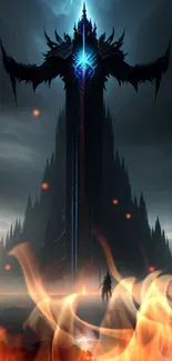 Epic fantasy wallpaper with dark tower and blue lightning.