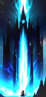 Epic fantasy tower with blue glow and mysterious silhouette.