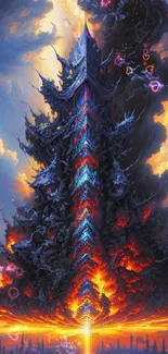 Epic fantasy tower with vibrant clouds and fiery effects on mobile wallpaper.