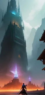 Fantasy tower with adventurer, dark misty landscape.