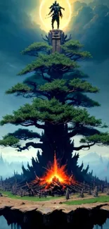 Epic fantasy tree with sunset backdrop in digital art style.