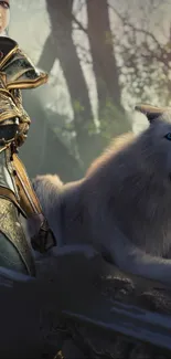 Warrior in armor with a white wolf in a mystical forest setting.