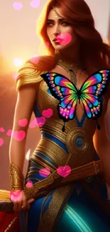 Fantasy warrior with butterfly art design, vibrant colors in a sunset setting.