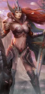 Fantasy warrior queen in intricate armor with sword in a mystical setting.