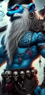 Fantasy warrior with blue skin and intricate armor, holding a spiked weapon.