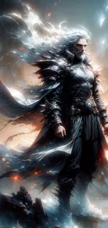 Epic fantasy warrior with flowing cape and dramatic lighting.