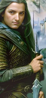 Fantasy warrior in green armor with a distant castle in the background.